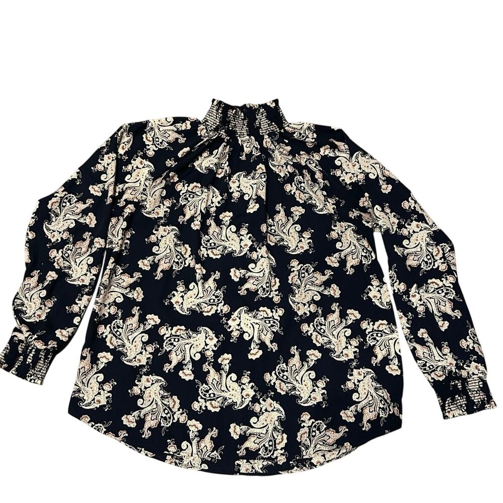Boho Chic Long Sleeve Blouse, Turtleneck, Navy w. Tan Paisley Pattern, Leith, L